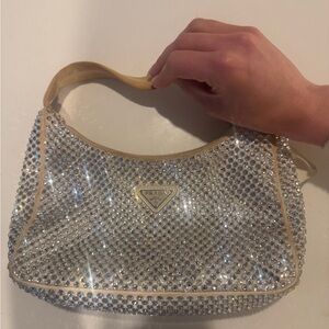 Prada Crystal-Embellished Cream Mini Shoulder Bag